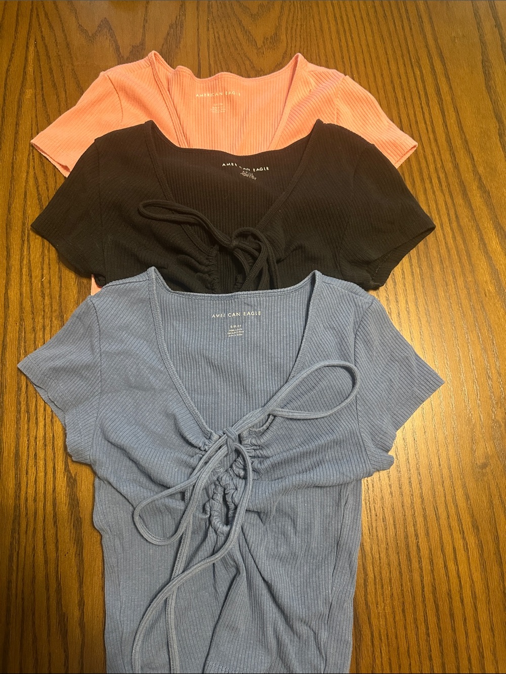 American Eagle Outfitters Ribbed Tie-Front Crop Tops in Blue, Black & Coral